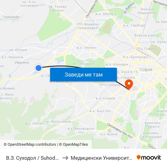 В.З. Суходол / Suhodol Villa Zone (0434) to Медицински Университет - София (Ректорат) map