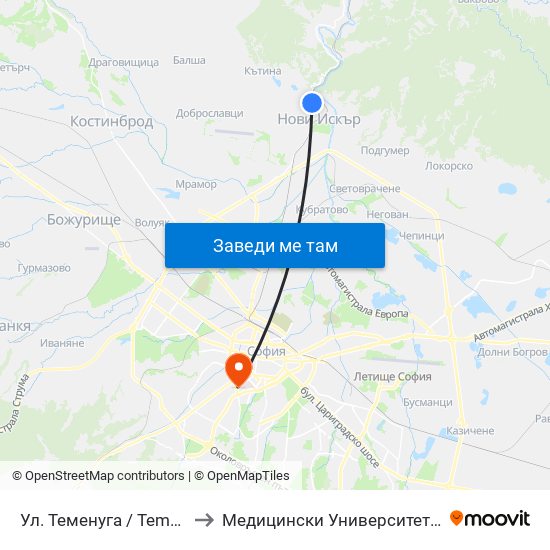 Ул. Теменуга / Temenuga St. (2200) to Медицински Университет - София (Ректорат) map