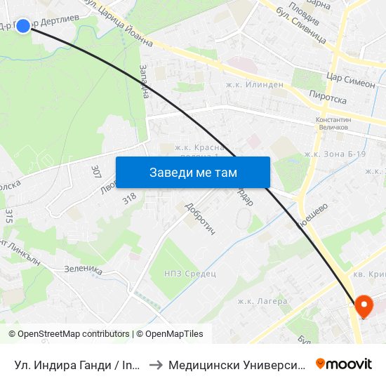 Ул. Индира Ганди / Indira Gandhi St. (1960) to Медицински Университет - София (Ректорат) map