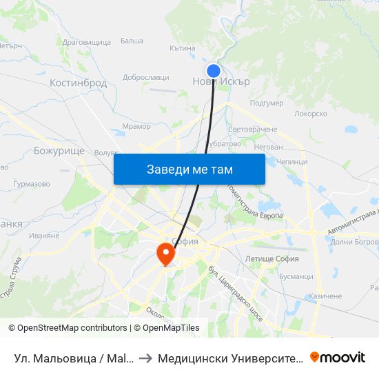 Ул. Мальовица / Malyovitsa St. (2539) to Медицински Университет - София (Ректорат) map