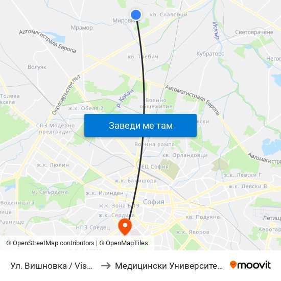 Ул. Вишновка / Vishnovka St. (2632) to Медицински Университет - София (Ректорат) map