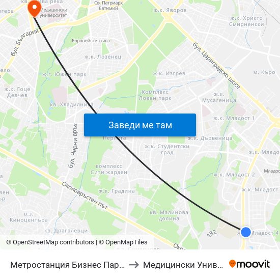 Метростанция Бизнес Парк / Business Park Metro Station (2374) to Медицински Университет - София (Ректорат) map