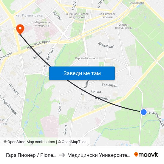 Гара Пионер / Pioneer Station (0465) to Медицински Университет - София (Ректорат) map