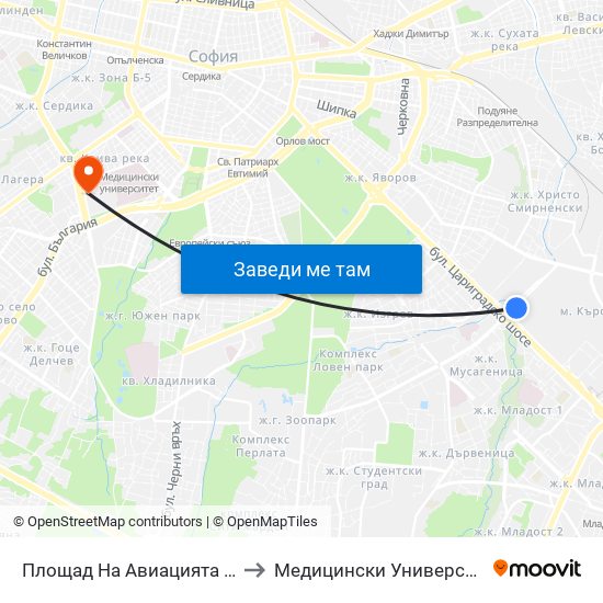 Площад На Авиацията / Aviation Square (1260) to Медицински Университет - София (Ректорат) map