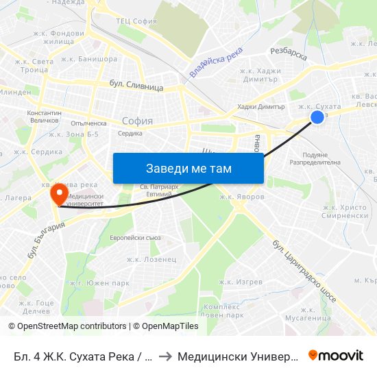 Бл. 4 Ж.К. Сухата Река / Bl. 4, Suhata Reka Qr. (0410) to Медицински Университет - София (Ректорат) map
