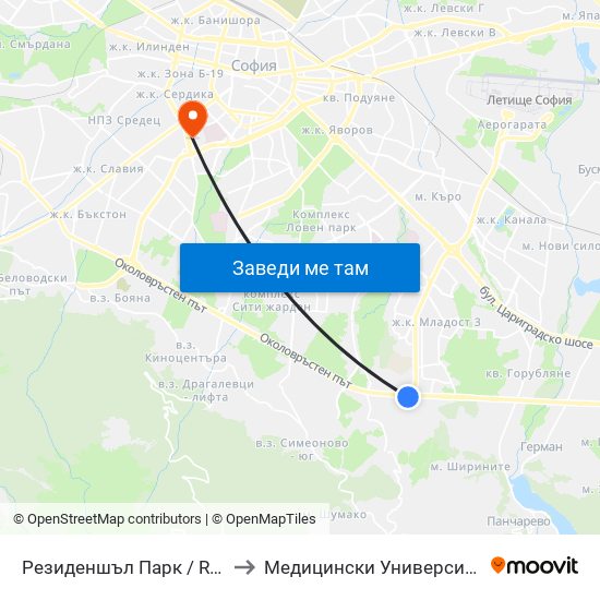 Резиденшъл Парк / Residential Park (2624) to Медицински Университет - София (Ректорат) map