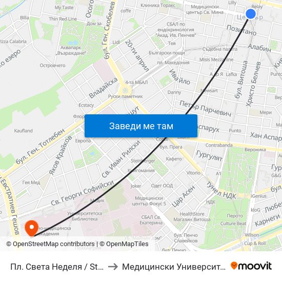 Пл. Света Неделя / St. Nedelya Sq. (1308) to Медицински Университет - София (Ректорат) map