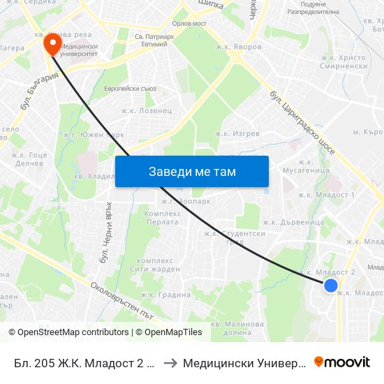Бл. 205 Ж.К. Младост 2 / Bl. 205, Mladost 2 Qr. (0157) to Медицински Университет - София (Ректорат) map