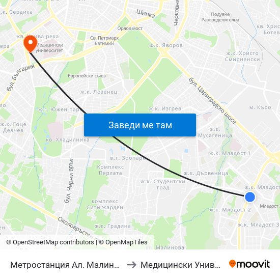 Метростанция Ал. Малинов / Al. Malinov Metro Station (0170) to Медицински Университет - София (Ректорат) map
