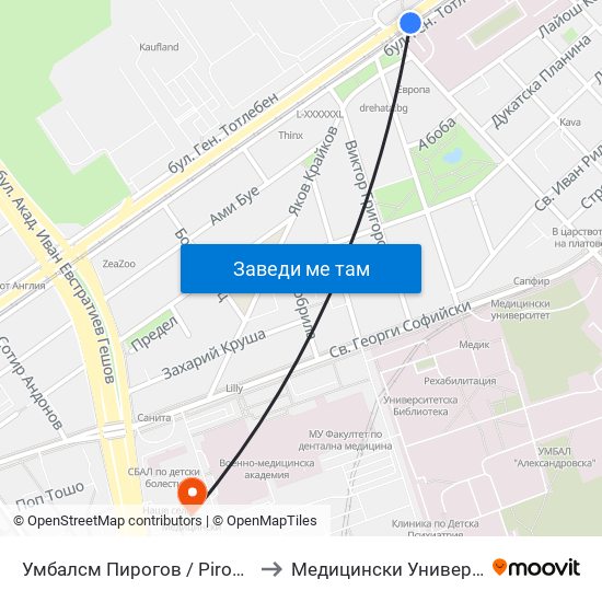 Умбалсм Пирогов / Pirogov Emergency Hospital (0758) to Медицински Университет - София (Ректорат) map