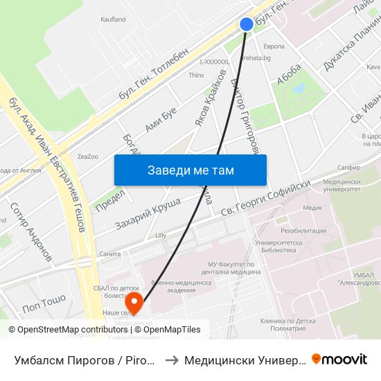Умбалсм Пирогов / Pirogov Emergency Hospital (0759) to Медицински Университет - София (Ректорат) map