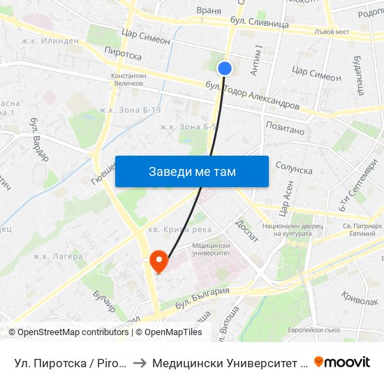 Ул. Пиротска / Pirotska St. (2114) to Медицински Университет - София (Ректорат) map