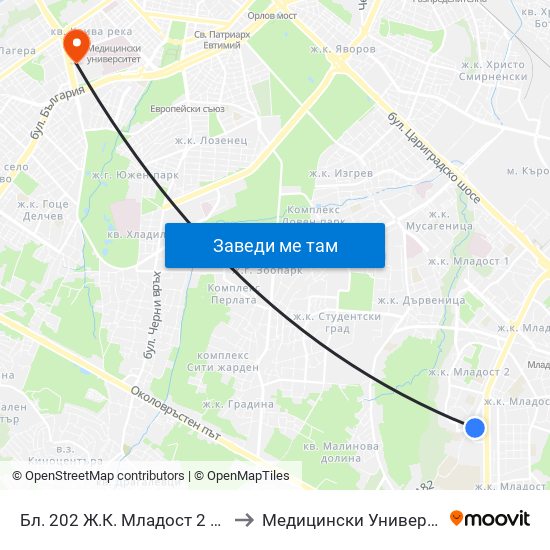 Бл. 202 Ж.К. Младост 2 / Bl. 202, Mladost 2 Qr. (0155) to Медицински Университет - София (Ректорат) map