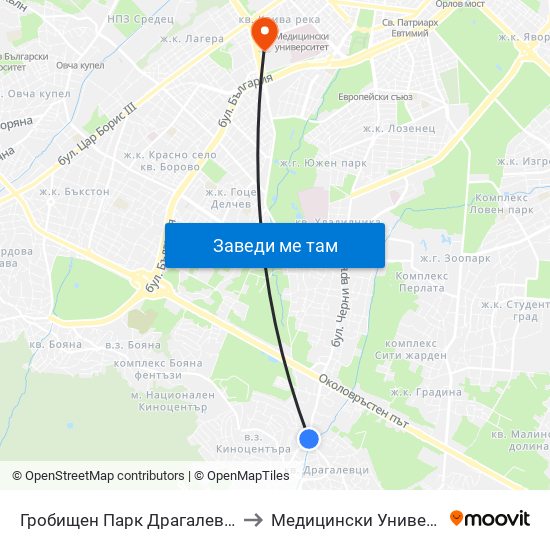 Гробищен Парк Драгалевци / Dragalevtsi Cemetery (6695) to Медицински Университет - София (Ректорат) map