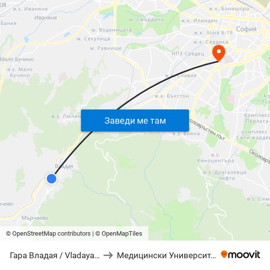 Гара Владая / Vladaya Train Station (0448) to Медицински Университет - София (Ректорат) map