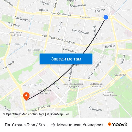 Пл. Сточна Гара / Stochna Gara Sq. (1311) to Медицински Университет - София (Ректорат) map
