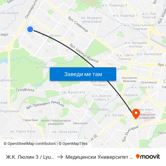 Ж.К. Люлин 3 / Lyulin 3 Qr. (0653) to Медицински Университет - София (Ректорат) map