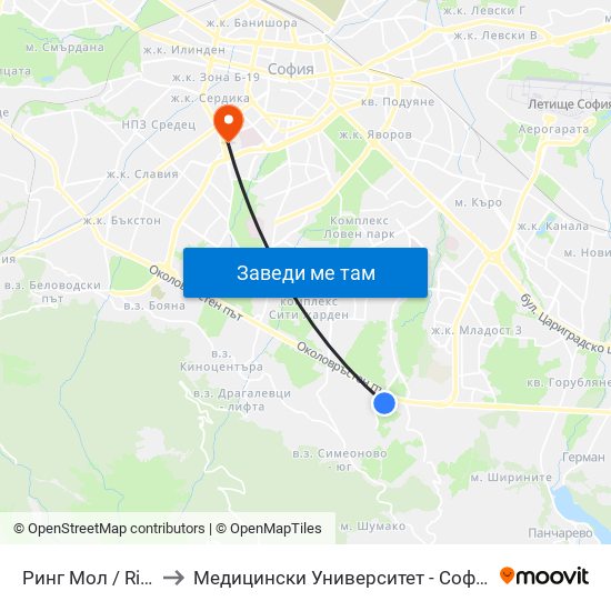 Ринг Мол / Ring Mall to Медицински Университет - София (Ректорат) map