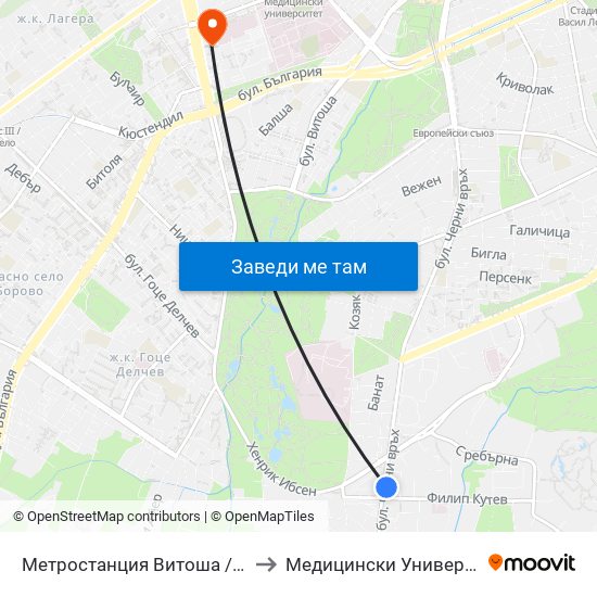 Метростанция Витоша / Vitosha Metro Station (2780) to Медицински Университет - София (Ректорат) map