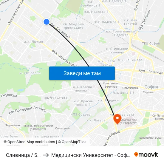 Сливница / Slivnitsa to Медицински Университет - София (Ректорат) map