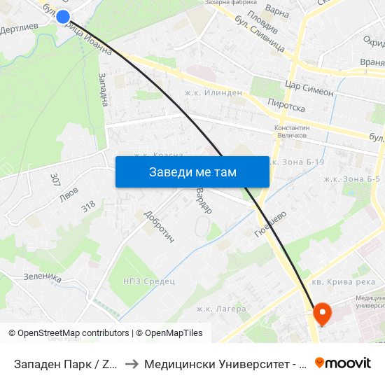 Западен Парк / Zapaden Park to Медицински Университет - София (Ректорат) map