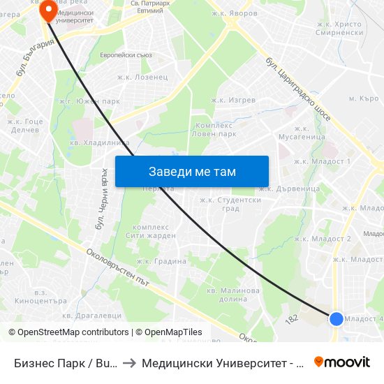 Бизнес Парк / Business Park to Медицински Университет - София (Ректорат) map