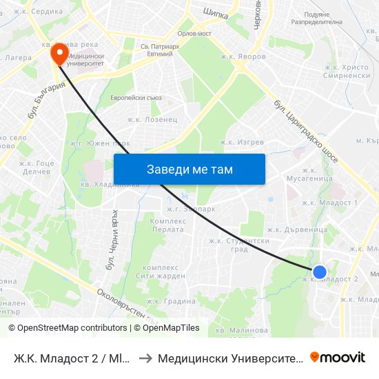 Ж.К. Младост 2 / Mladost 2 Qr. (0664) to Медицински Университет - София (Ректорат) map