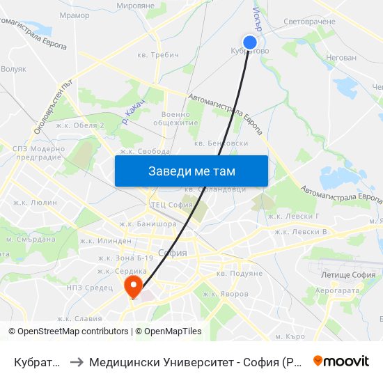 Кубратово to Медицински Университет - София (Ректорат) map
