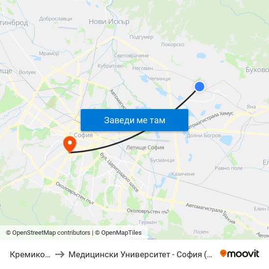 Кремиковци to Медицински Университет - София (Ректорат) map