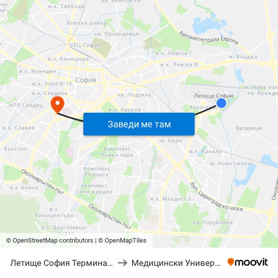 Летище София Терминал 2 / Sofia Airport Terminal 2 to Медицински Университет - София (Ректорат) map