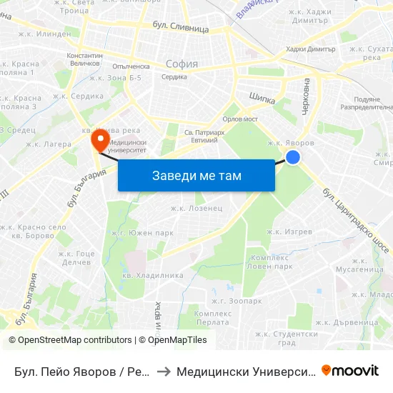 Бул. Пейо Яворов / Peyo Yavorov Blvd. (0074) to Медицински Университет - София (Ректорат) map