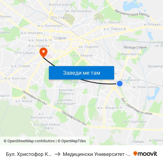 Бул. Христофор Колумб (0373) to Медицински Университет - София (Ректорат) map