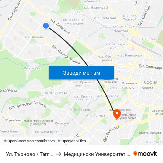 Ул. Търново / Tarnovo St. (2221) to Медицински Университет - София (Ректорат) map