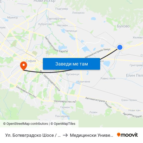 Ул. Ботевградско Шосе / Botevgradsko Shosse St. (2816) to Медицински Университет - София (Ректорат) map