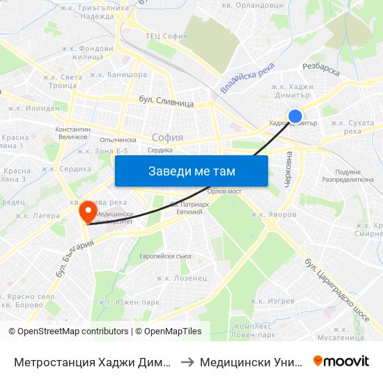 Метростанция Хаджи Димитър / Hadzhi Dimitar Metro Station (2821) to Медицински Университет - София (Ректорат) map