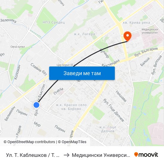 Ул. Т. Каблешков / T. Kableshkov St. (6088) to Медицински Университет - София (Ректорат) map