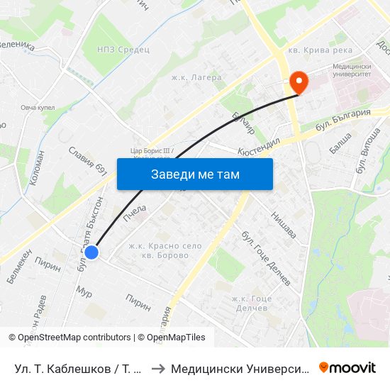 Ул. Т. Каблешков / T. Kableshkov St. (2210) to Медицински Университет - София (Ректорат) map