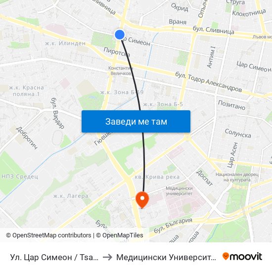 Ул. Цар Симеон / Tsar Simeon St. (2250) to Медицински Университет - София (Ректорат) map