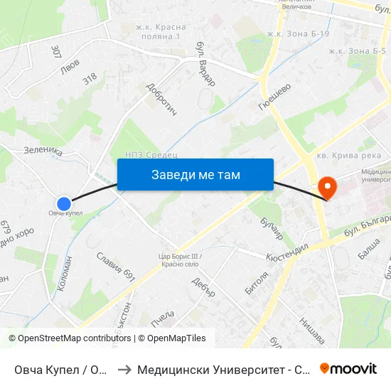 Овча Купел / Ovcha Kupel to Медицински Университет - София (Ректорат) map
