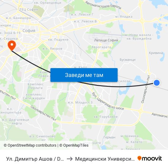 Ул. Димитър Ашов / Dimitar Ashov St. (2758) to Медицински Университет - София (Ректорат) map