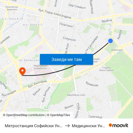 Метростанция Софийски Университет / Sofia University Metro Station (2827) to Медицински Университет - София (Ректорат) map