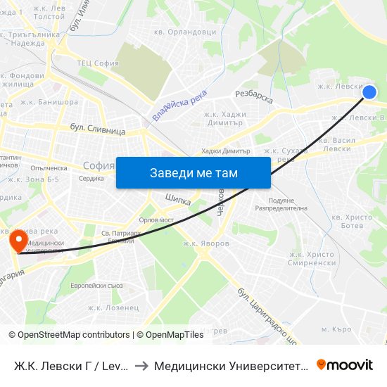 Ж.К. Левски Г / Levski G Qr (0646) to Медицински Университет - София (Ректорат) map