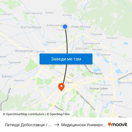 Летище Добославци / Dobroslavtsi Airport (1003) to Медицински Университет - София (Ректорат) map