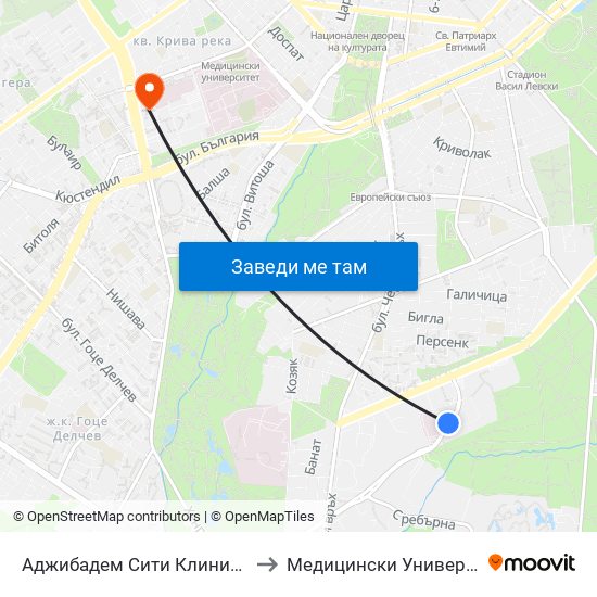 Аджибадем Сити Клиник / Acibadem City Clinic (2778) to Медицински Университет - София (Ректорат) map