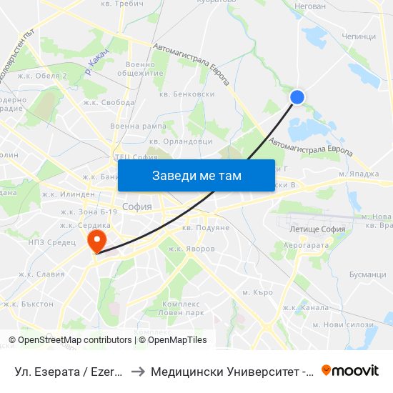 Ул. Езерата / Ezerata St. (6672) to Медицински Университет - София (Ректорат) map