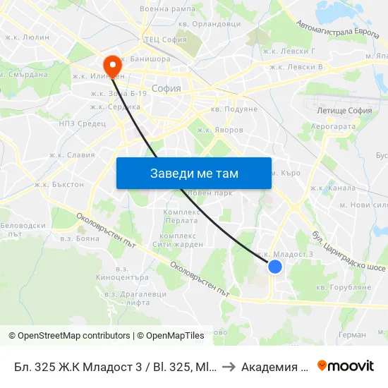 Бл. 325 Ж.К Младост 3 / Bl. 325, Mladost 3 Qr. (2489) to Академия На Мвр map