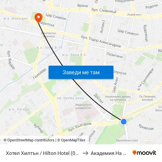 Хотел Хилтън / Hilton Hotel (0397) to Академия На Мвр map