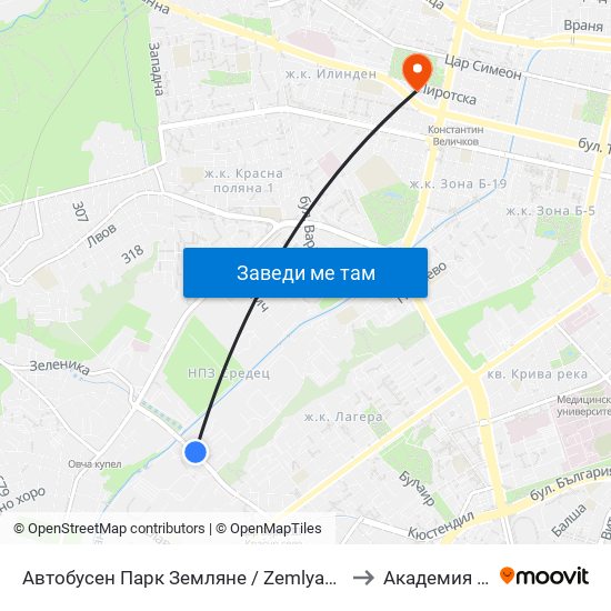 Автобусен Парк Земляне / Zemlyane Bus Depot (0080) to Академия На Мвр map