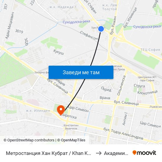 Метростанция Хан Кубрат / Khan Kubrat Metro Station (2477) to Академия На Мвр map