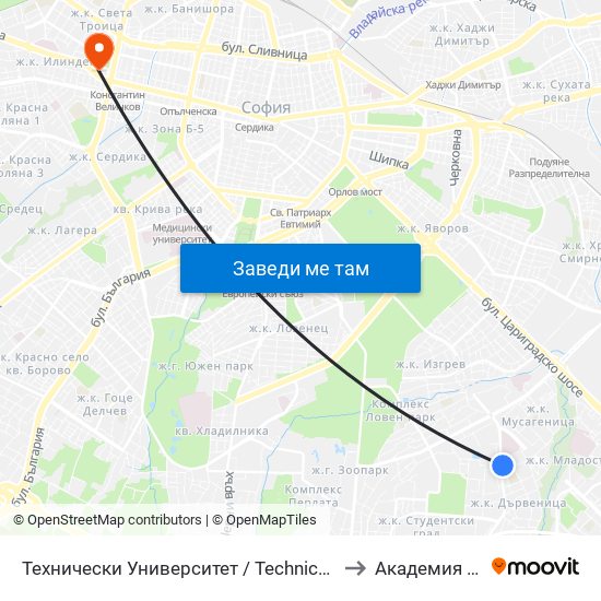 Технически Университет / Technical University (1743) to Академия На Мвр map